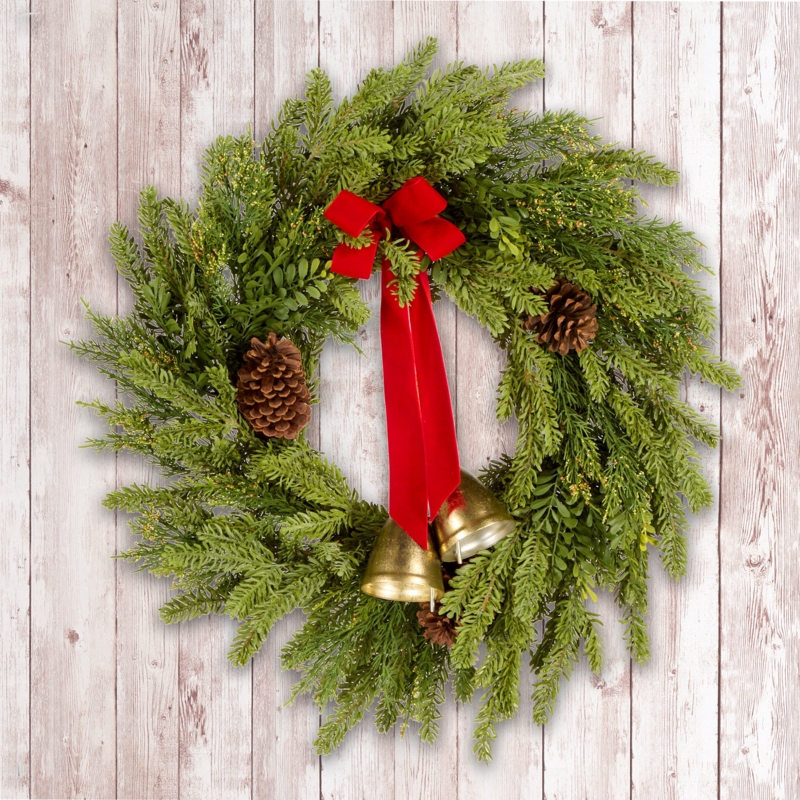 Rustic Holiday Wreath with Dual Center Bells and Mixed Pine Needles