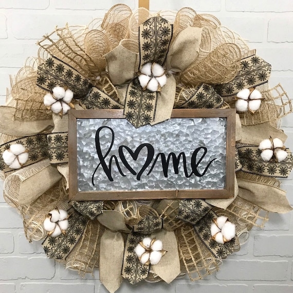 Rustic Mesh Welcome Wreath with Cotton Bolls and Script Sign