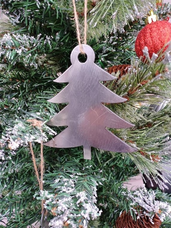 Rustic Metal Christmas Tree Ornaments with Gingham Ribbon Laser Cut