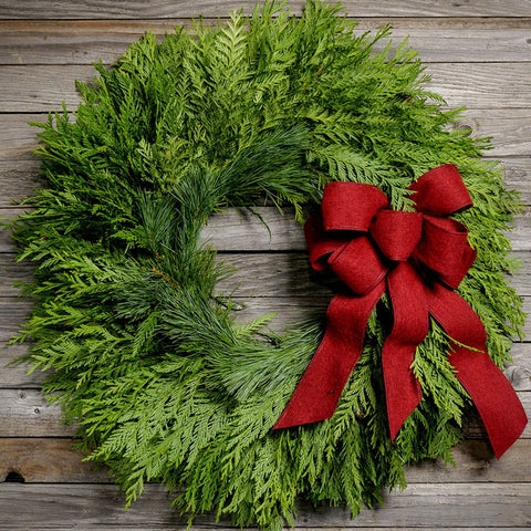 Rustic Mixed Cedar and Fir Wreath with Ticking Stripe Bow