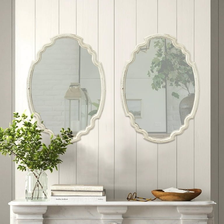 Rustic Oval Wall Mirror Set: Distressed Whitewash Farmhouse Pair