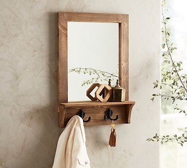 Rustic Pine Wall Organizer Mirror with Vertical Slat Panel and Hooks