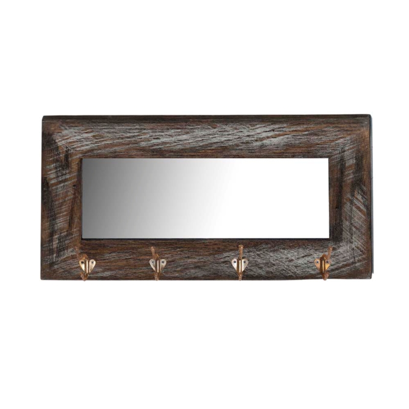 Rustic Reclaimed Wood Wall Mirror with Weathered Finish and Hooks