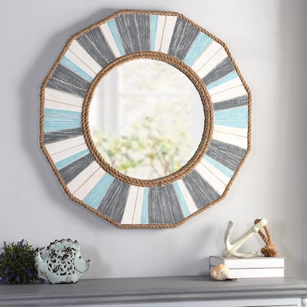 Rustic Round Wall Mirror with Multi-Colored Distressed Slat Frame
