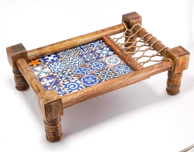Rustic Serving Tray Jute Weaving Miniature Cot Design Turned Legs