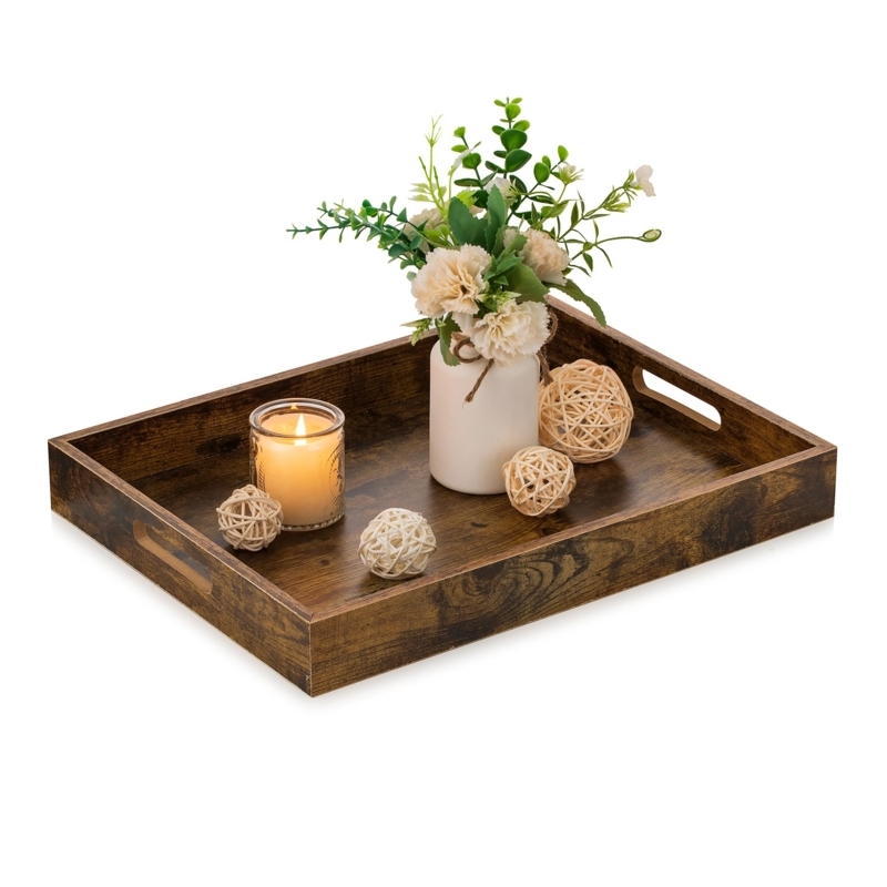 Rustic Serving Tray with Cutout Handles, Farmhouse Coffee Table Decor