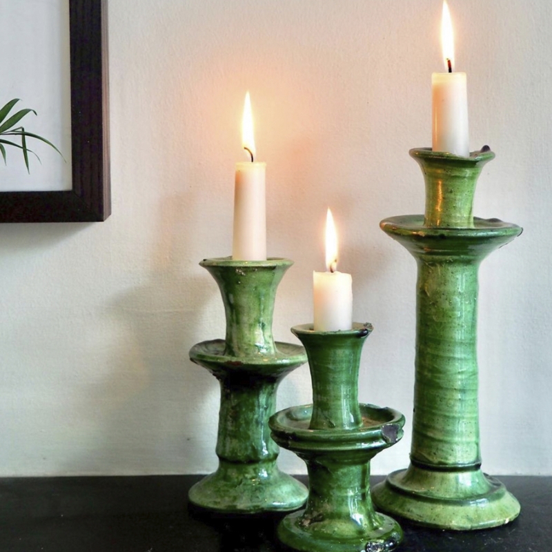Rustic Tamegroute Ceramic Candle Holders Handmade Wabi-Sabi Glaze Set