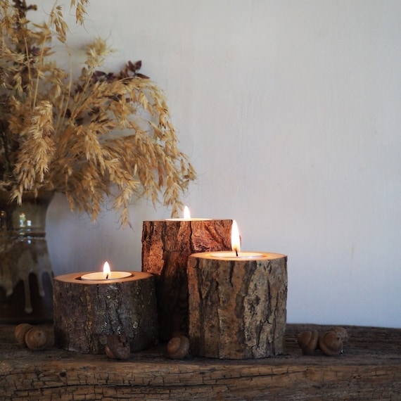 Rustic Tree Branch Tealight Holder Set with Natural Bark for Farmhouse.
