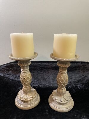 Rustic Turned Pillar Candle Stands, Heavily Distressed Set
