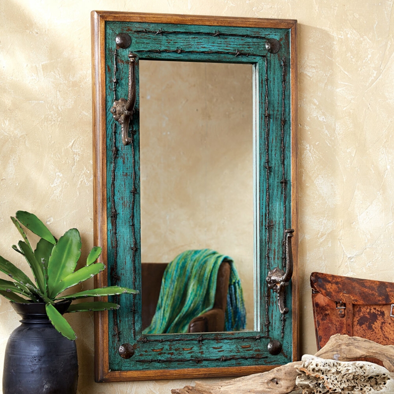 Rustic Turquoise Distressed Wall Mirror with Integrated Storage Hooks