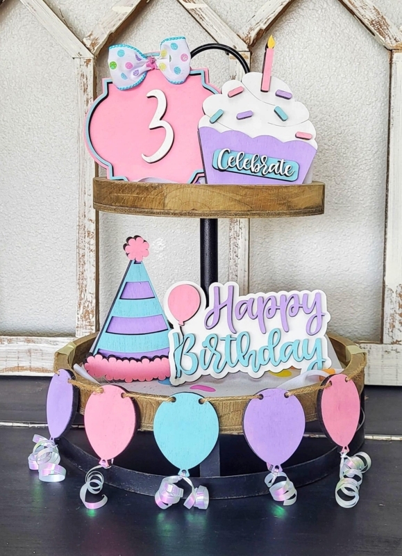 Rustic Two-Tiered Tray with 3D Wood Signs and Balloon Banner