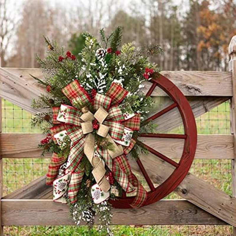 Rustic Wagon Wheel Christmas Wreath with Buffalo Plaid Bow