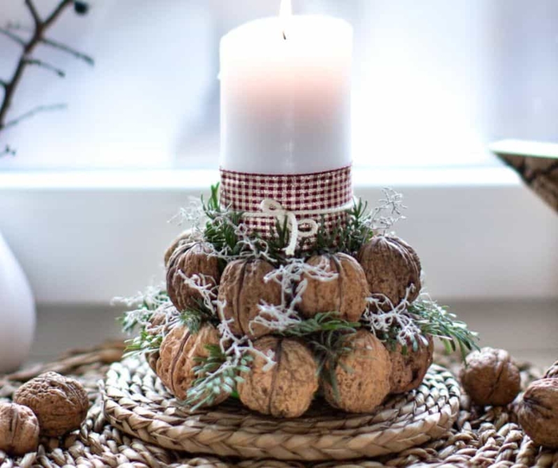 Rustic Walnut Shell Wreath Candle Holder, Natural Holiday Centerpiece