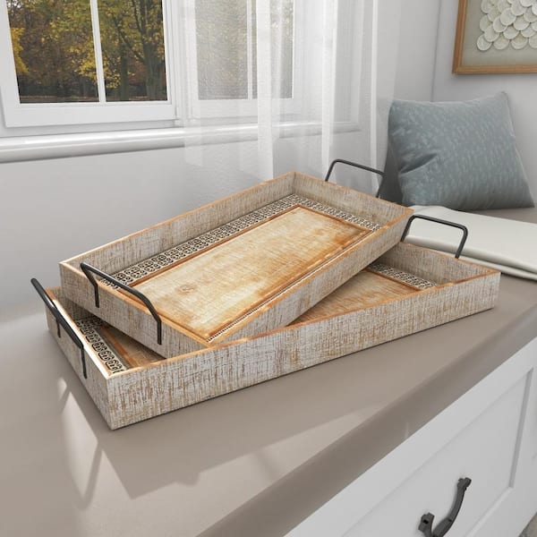 Rustic Whitewashed Decorative Tray Set with Wood Inlay