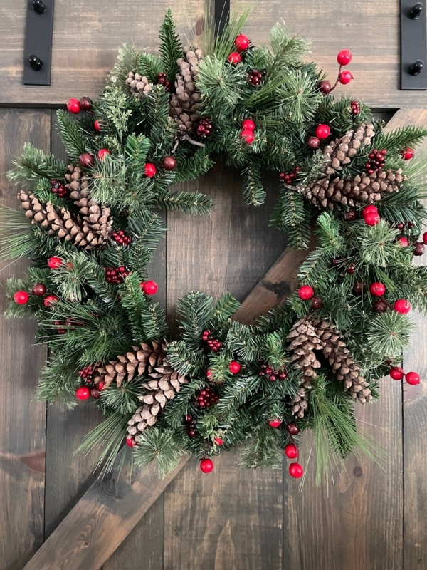 Rustic Winter Wreath with Navy Blue Accents and Cream Berry Clusters