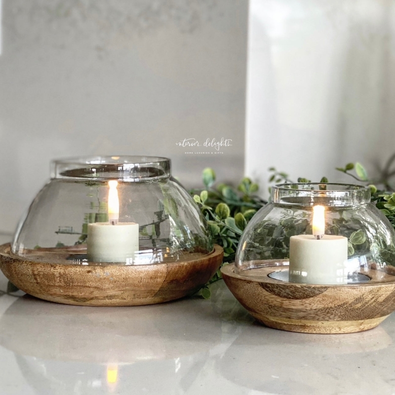 Rustic Wood and Glass Hurricane Candle Holder Set with Sculpted Base