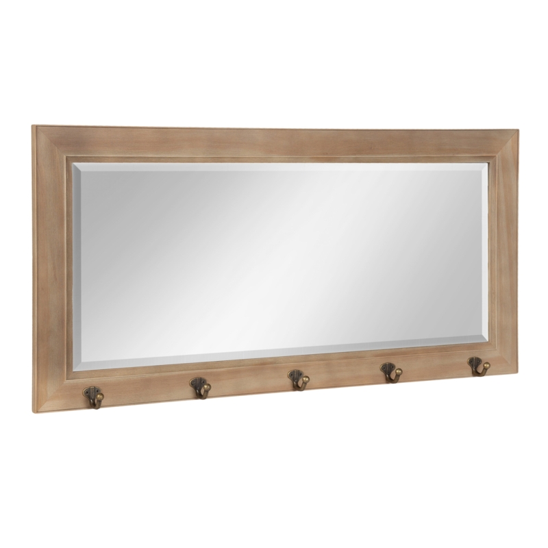 Rustic Wood Pub Mirror with Integrated Shelf and Dark Metal Hooks