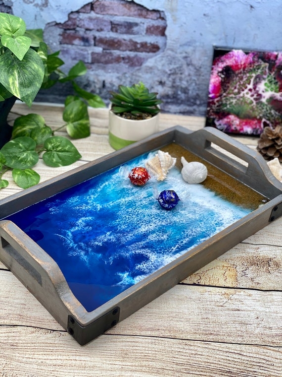 Rustic Wood Serving Tray with Wave Resin Inlay and Handles