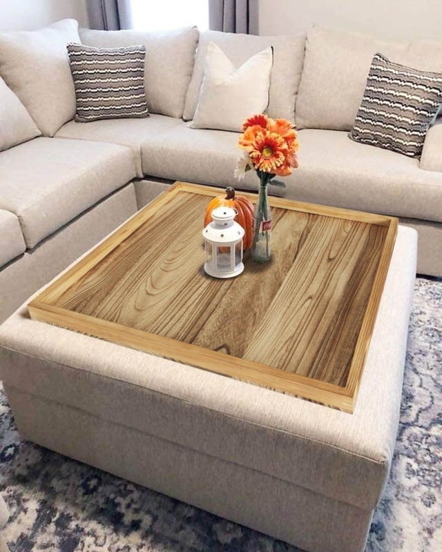 Rustic Wood Square Serving Tray for Tufted Ottoman