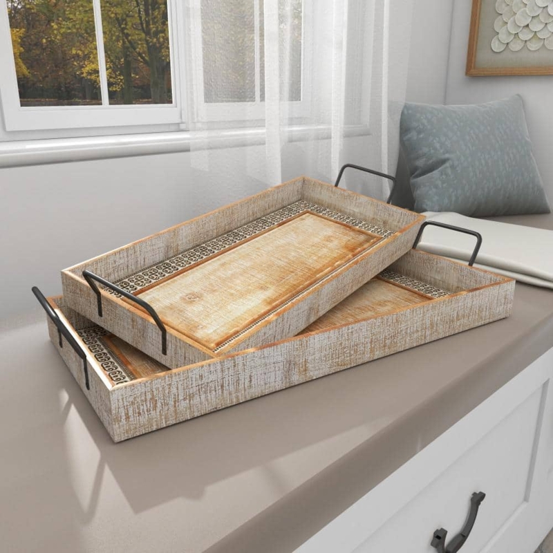 Rustic Wood Tray Set, Whitewashed Nesting with Cutout Handles