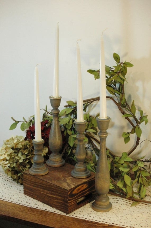 Rustic Wooden Taper Candle Holders: Turned Wood Silhouette Set