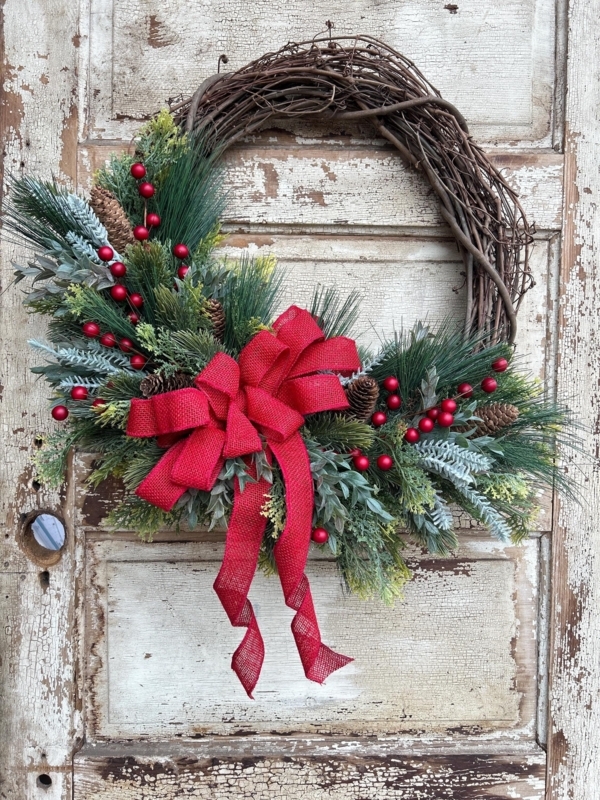 Rustic Woodland Christmas Wreath with Red Burlap Bow and Frosted Cones