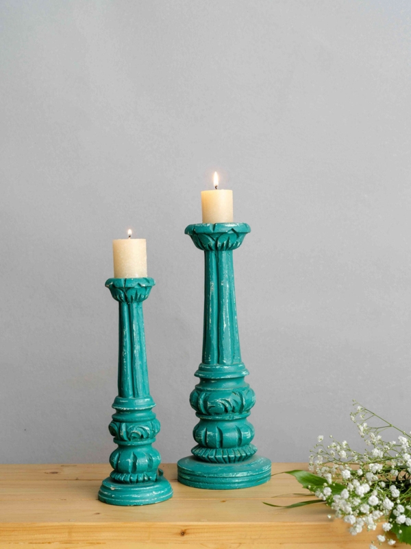 Sage Green Matte Candle Holder Set with Retro Tiered Spindle Silhouette