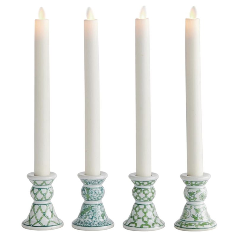 Sage Green Porcelain Candle Holders Set of 4, Fluted Texture