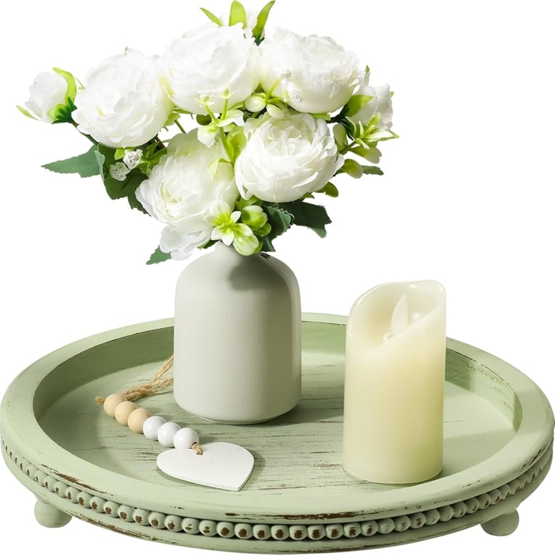 Sage Green Round Decorative Tray Beaded Rim Farmhouse Coffee Table
