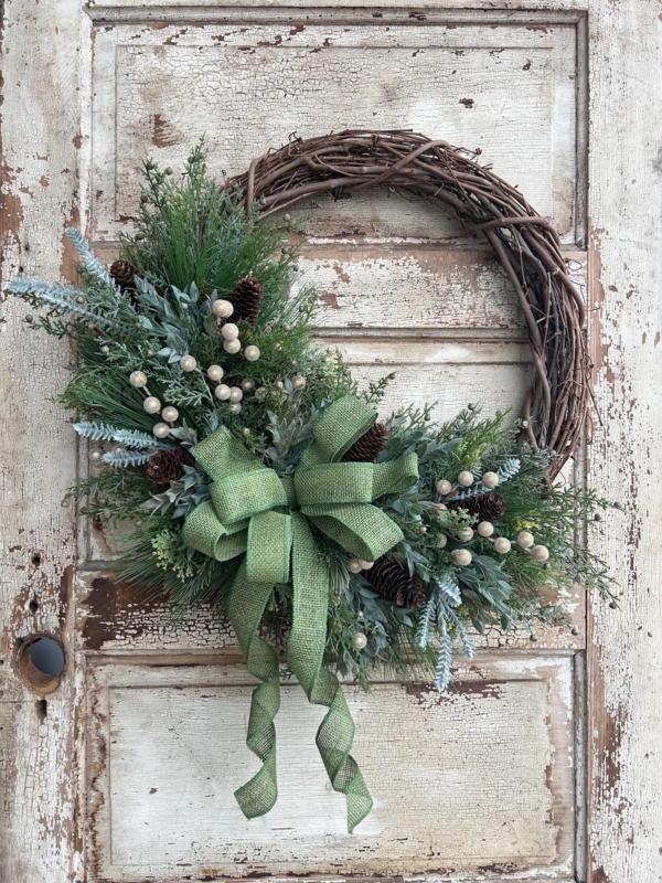 Sage Green Woodland Wreath with Gold Berry Accents and Pine Cones