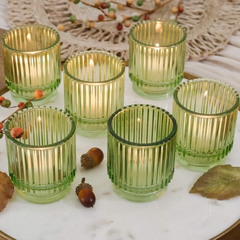 Sage Ribbed Glass Votive Candle Holders Flared Rim Organic Modern Set
