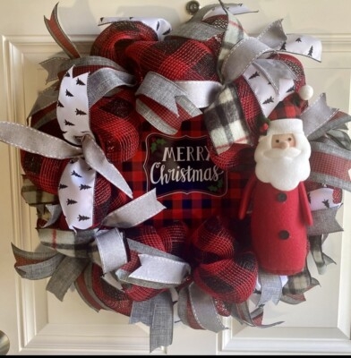 Santa Claus Holiday Wreath with Gray Buffalo Check Ribbon