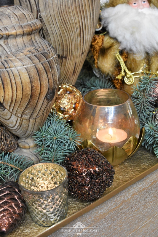 Santa Figurine Copper Holiday Theme Fur Trim Glam Decor