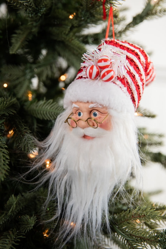 Santa Head Ornament Sparkling Glitter Hat Textured White Beard