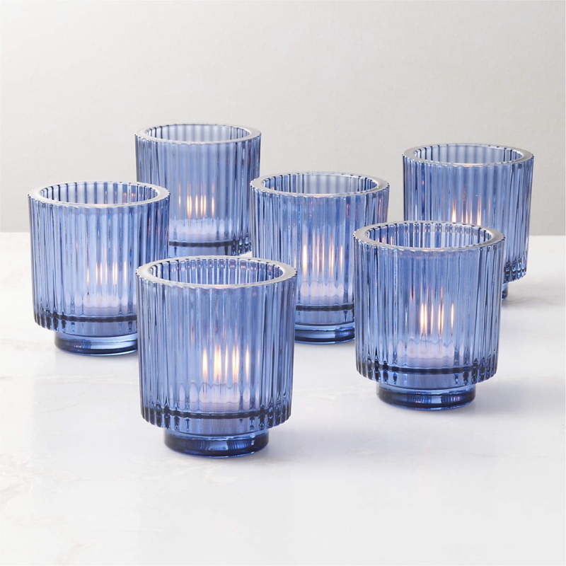 Sapphire Blue Translucent Glass Votive Holder Set Ribbed Texture