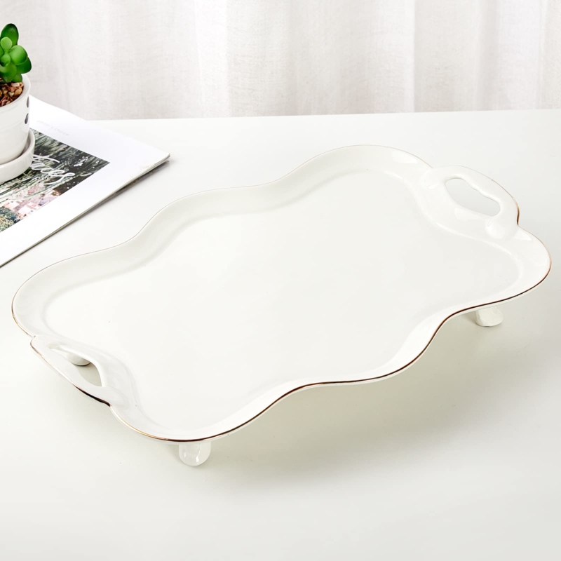Scalloped Edge Porcelain Serving Tray, Gold Handled Tea Tray Decor