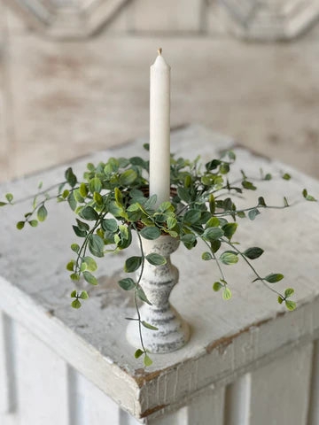 Scalloped Rim Pedestal Candle Holder, Distressed Cream Farmhouse