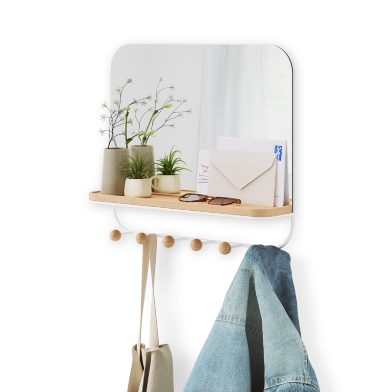 Scandinavian White Wire Wall Organizer with Circular Mirror and Wood Pegs