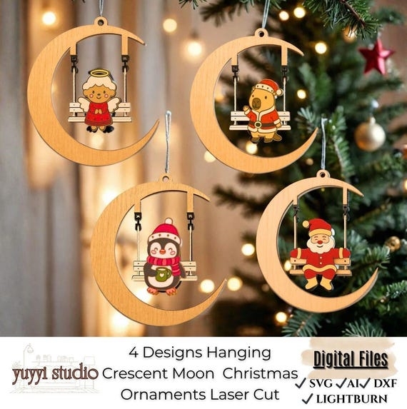 Scandinavian Wooden Christmas Ornaments Crescent Moon Laser Cutouts