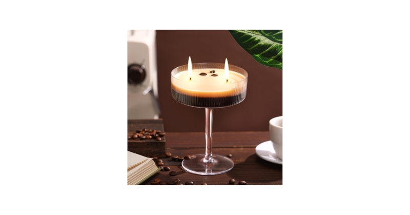 Scented Candle in Stemmed Glass, Layered Wax Design, Coffee Beans