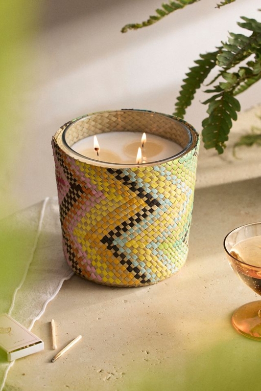 Scented Candle Rainbow Woven Sleeve Zig Zag Texture Boho Glass