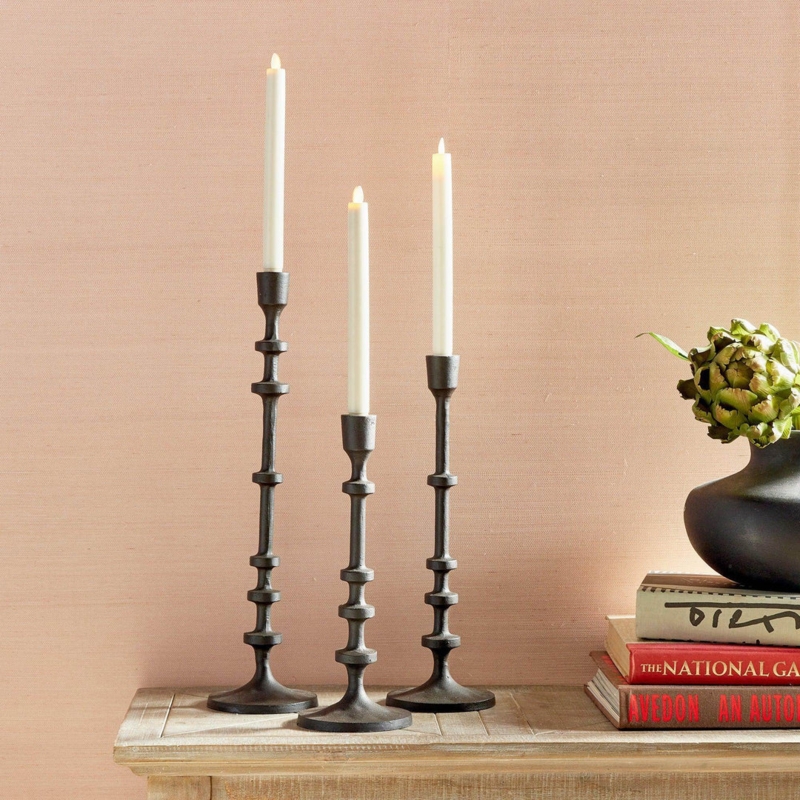 Sculptural Bronze Taper Candle Holder Set Abacus Disk Stem