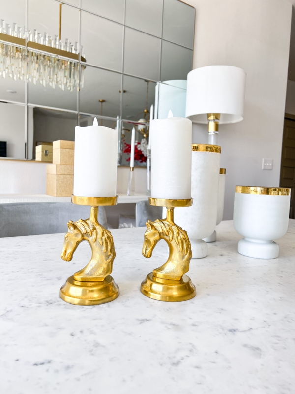 Sculptural Candle Holder Set, Metallic Horse Head Design for Library.