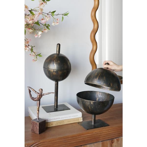 Sculptural Decorative Tray Black Metal Orb Gold Pedestal Base Modern