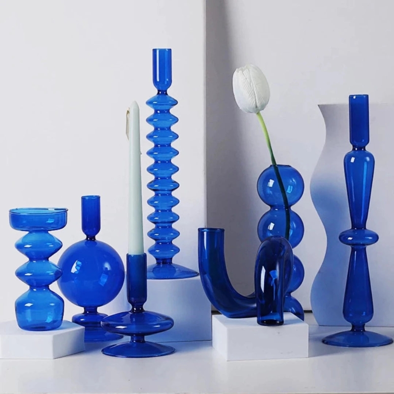 Sculptural Glass Candlestick Holder Set Cobalt Blue Mismatched Shapes