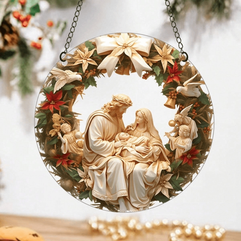 Sculptural Nativity Christmas Ornament Antique Bronze Medallion