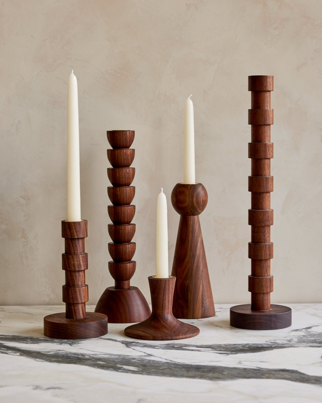 Sculptural Walnut Candle Holder with Turned Wood Silhouette.