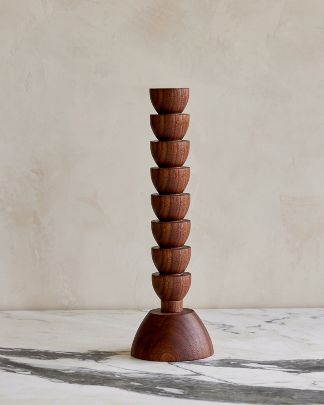 Sculptural Wood Candle Holder, Ringed Base, Moody Dining Centerpiece