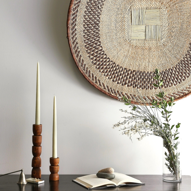 Sculptural Wood Candlestick Holders, Stacked Geometric Totem Design Pair