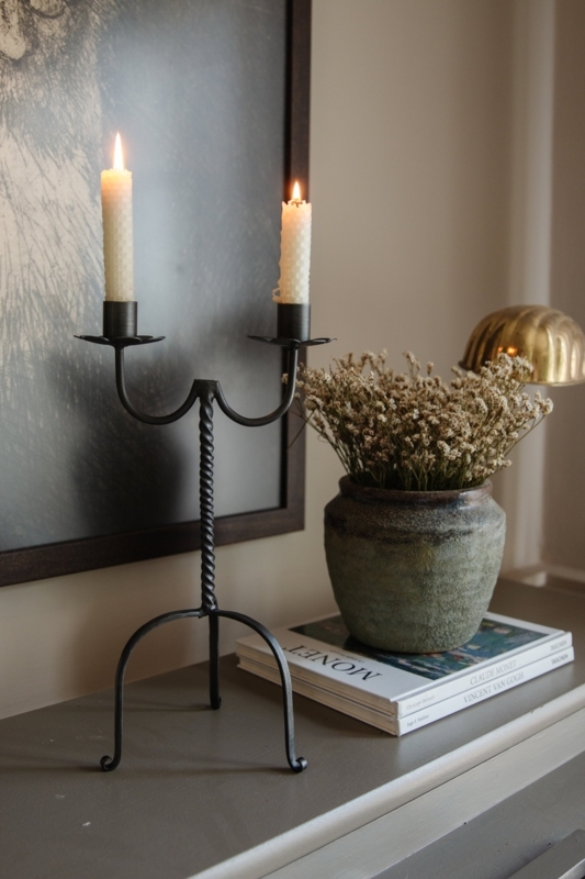 Sculptural Wrought Iron Taper Holder: Arched Bridge Base, Double
